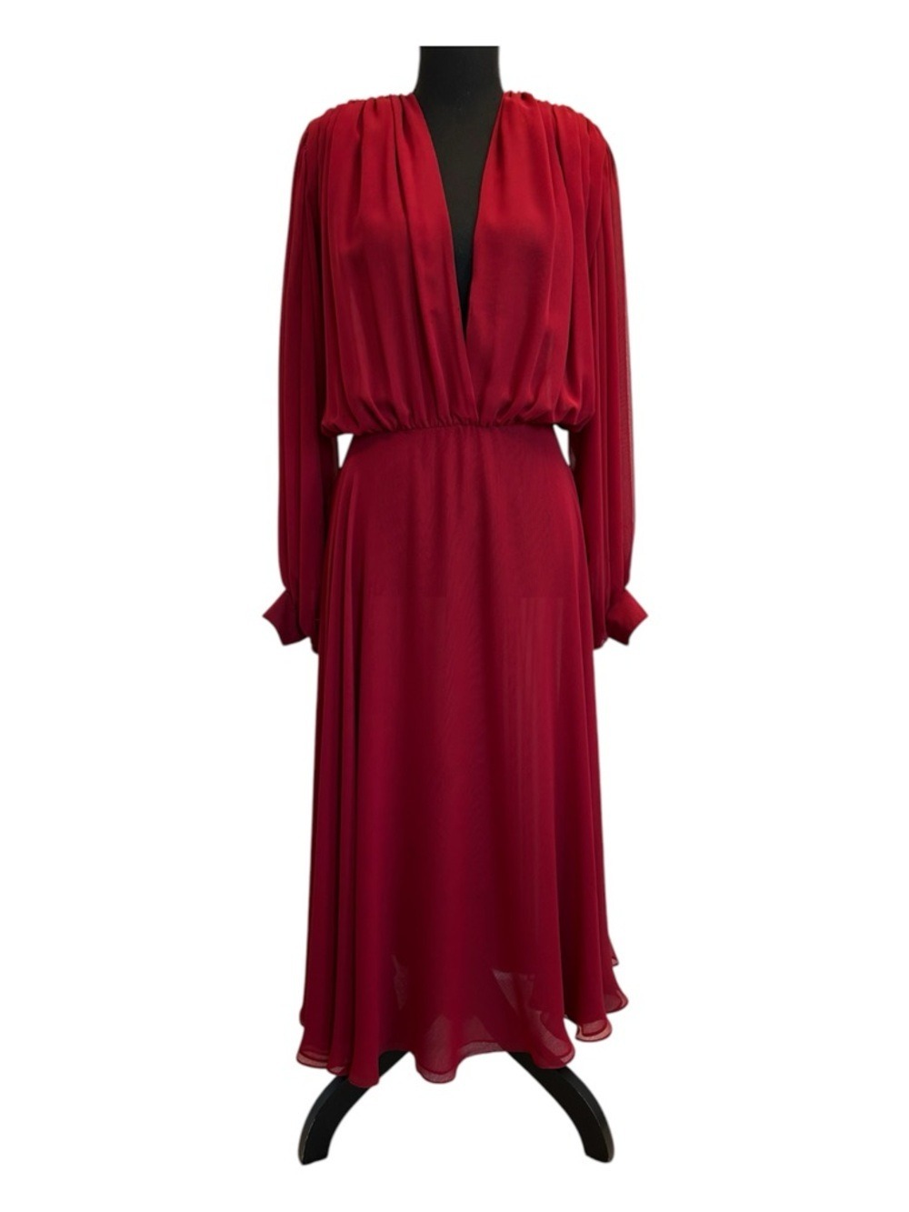 Vintage Carol Miller Elegant Red V-Neck Long Sleeve Ruched Flowy Midi Dress Sz 6